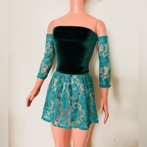 Dark Green Velvet Top & Teal Lace Mini Skirt for My Size Barbie Doll New. OOAK